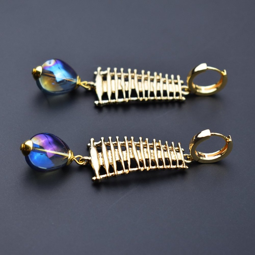 Long party earrings for women, glass bead drop dangle earrings gold